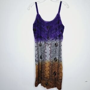 Vintage TAJ Purple Grey Mustard Ombre Embroidered Boho Dress